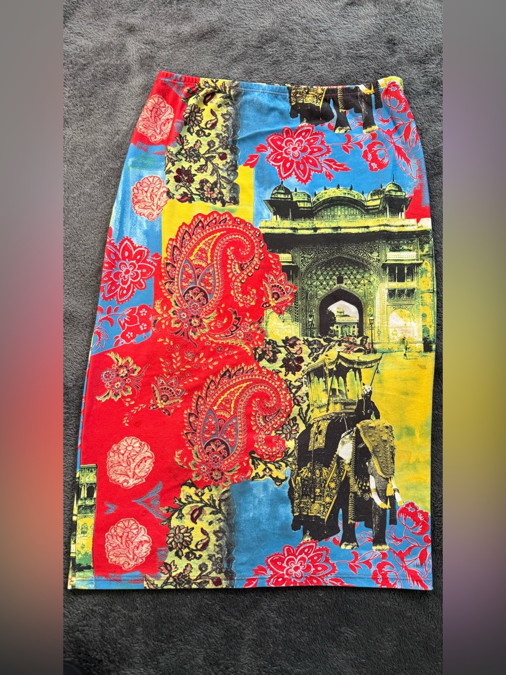 Vibrant Paisley & Elephant Print Midi Skirt pencil - Red, Blue, Yellow